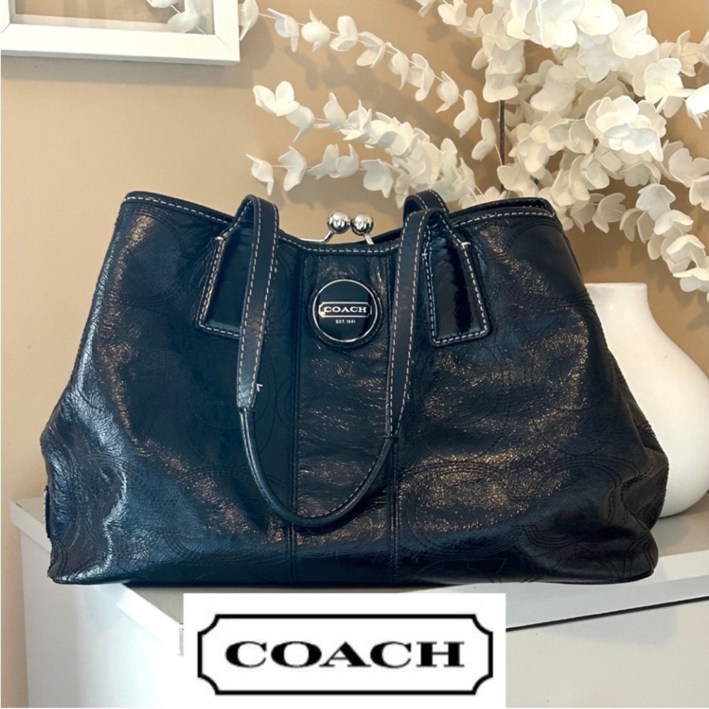 Coach Bluish Black Leather Tote Bag